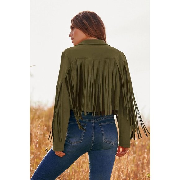 Women's Army Green Fringe Suede Leather Jackets Fall Fashion Tassel Motorcycle - Picture 9 of 9